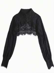 1pc Women Fashion Lace Long Sleeve Shrug Crop Top With Eyelash Trim, Midriff Baring Semi-Blouse Mock Neck Style - Black - View 3