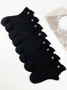 8 pares de calcetines de media caña con estampado de letra R para hombres, de estilo de moda, para primavera y otoño - Negro - Ver 4