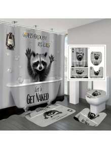1/4pcs Raccoon Bathroom Shower Curtain Set, Bathroom Shower Curtain Set, Waterproof Fabric, Shower Curtain With 12 Hooks Back To School
