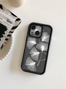 1pc Fashionable Black Ginkgo Leaf & Striped Pattern Anti-Fall Sandblast Phone Case, Compatible With Apple///Redmi/Infinix/Vivo