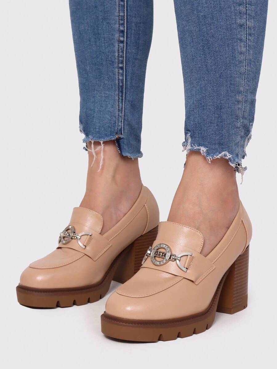 Stellameli PU High Heel Loafers Shoes With Chunky Heel - Khaki - View 1