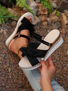 Plus Size Women's Bow Decor Open Toe 2-Way Linen Rope Bottom Wedge Heel Thick Sole Beach Sandals, Black Fashion Versatile Comfortable Roman Sandals, Spring/Summer - Black - View 1