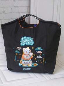 1 件新款休闲百搭刺绣熊笛图案轻便可折叠尼龙手提包，适合派对、旅行、购物、海滩、单肩手提包 - 彩色 - 查看 1