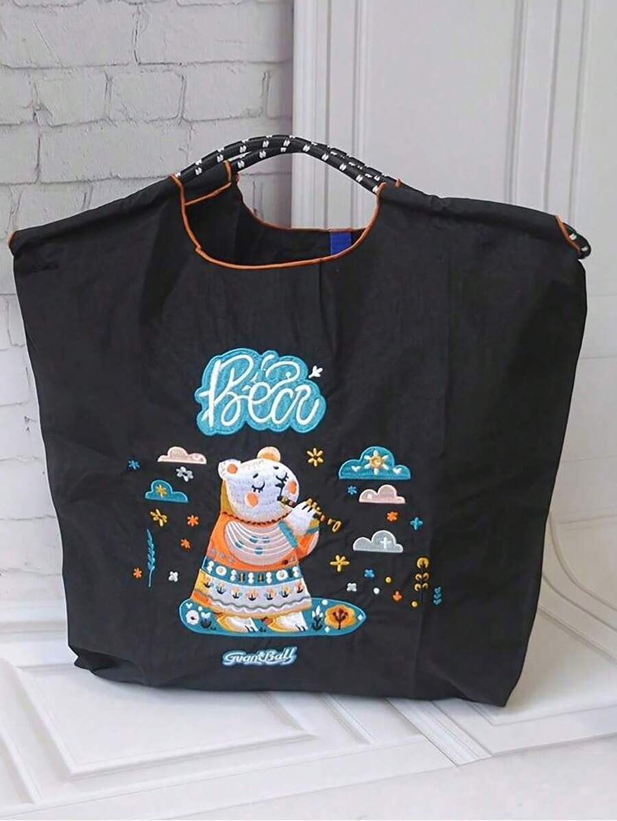 1 件新款休闲百搭刺绣熊笛图案轻便可折叠尼龙手提包，适合派对、旅行、购物、海滩、单肩手提包 - 彩色 - 查看 1