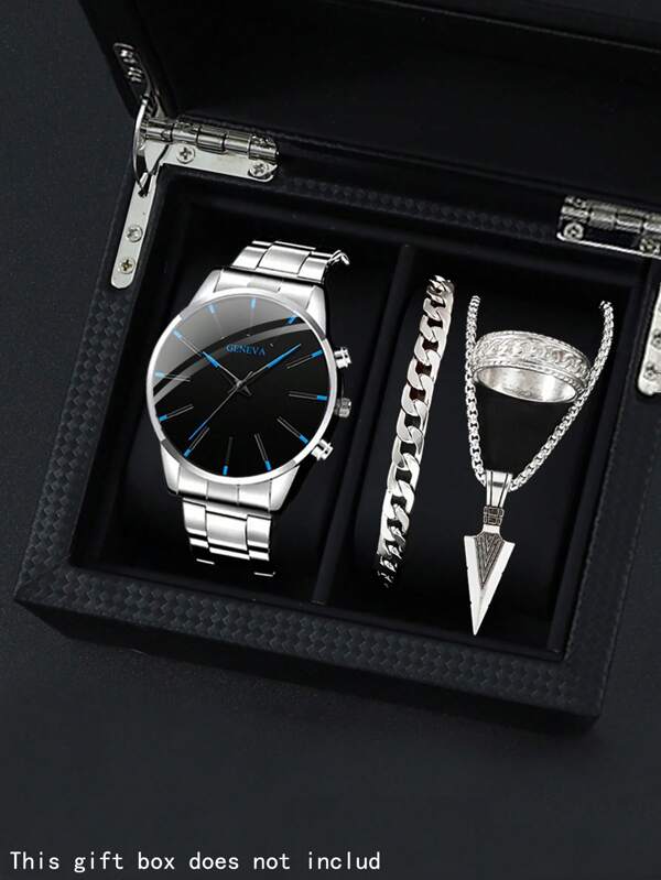 4 Pcs/Set, Men's Watch, Fashionable Men's Watch Set, Quartz Watch, Perfect For Daily Wear, Fashionable Accessory, 1 PcWatch+1 Pc Necklace+1pc Bracelet+1pc Ring, The Perfect Gift For Men