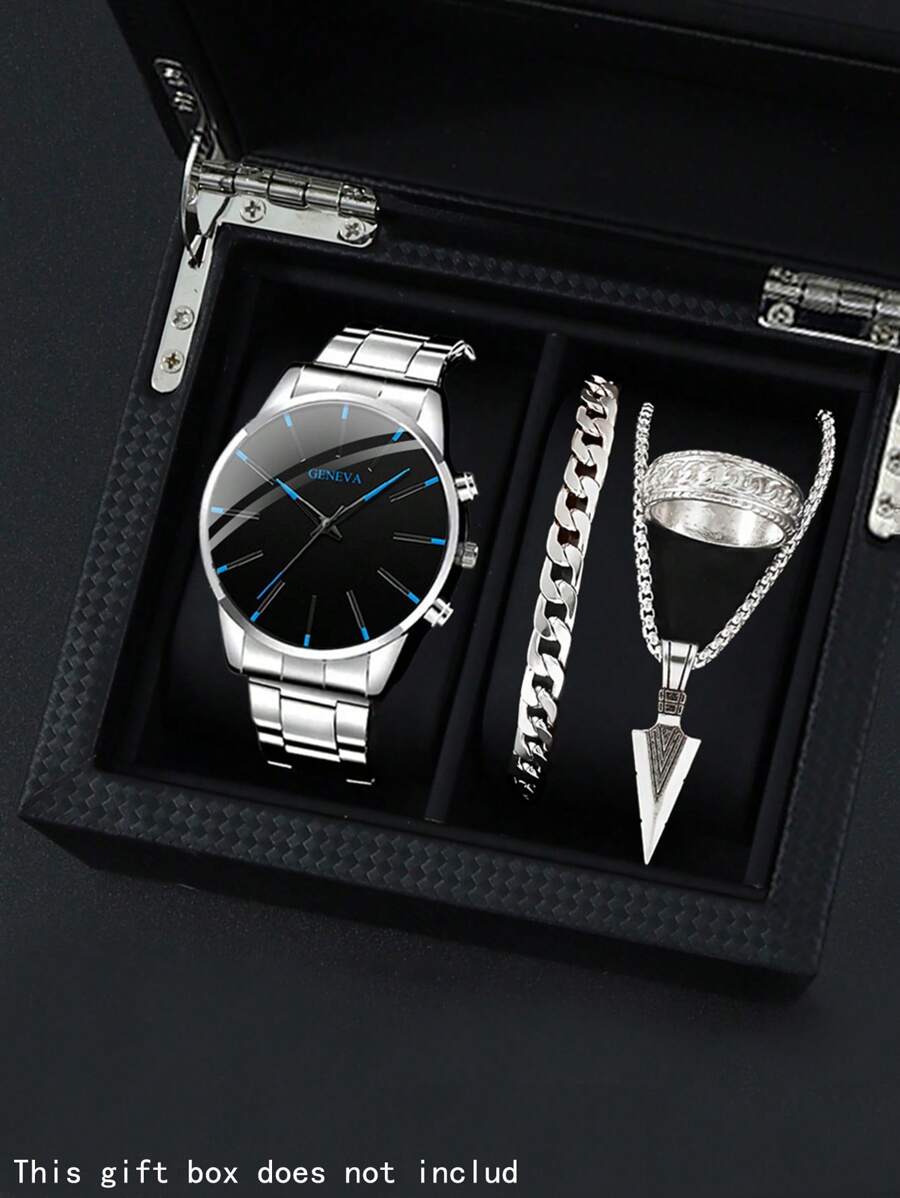 4 件/套，男士手表，时尚男士手表套装，石英表，适合日常佩戴，时尚配饰，1 件手表 + 1 件项链 + 1 件手链 + 1 件戒指，送给男士的完美礼物