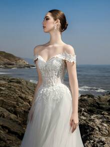 Elasola 优雅迷人的白色蕾丝贴花正式晚宴A字网纱蓬蓬婚纱新娘优雅 - 白色 - 查看 5