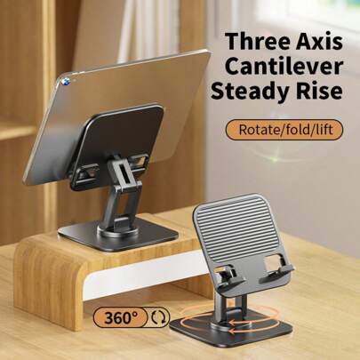 1pc Tablet Stand Suitable For IPad, Mobile Phone Holder, Foldable Rotatable Desktop Office Stand, 3-Axis Adjustable, Large Square Metal Base, Plastic Panel, Portable Travel Stand