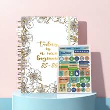 1PC Black And White Plant Pattern Notebook, Daily Writing Plan And Activity Planning, Office Event Recording, Comes With 12 Monthly Stickers For Easy Recording