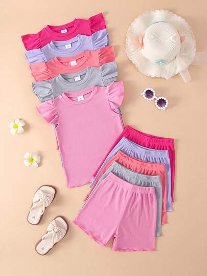 10pcs Girls Casual Solid Color Knit Top & Matching Solid Color Shorts Set, Spring/Summer