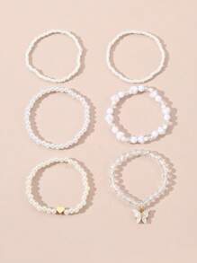 6 قطع أساور خرز البيرل المزيفة بشكل فراشة وقلب للبنات