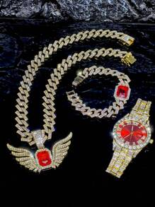 1 Set Angel Wings Red & Blue Gemstone Pendant Bracelet Necklace Men's Watch Gift Set, High-End Gift Box Suitable For Daily Wear, Men's Gift