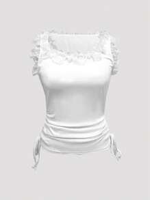 Women's Elegant Solid Color Lace Trim Side Drawstring Camisole, Summer