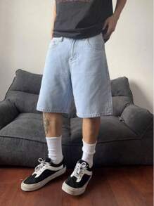 Shorts vaqueros informales de pierna ancha para hombre, shorts de mezclilla de verano lisos, shorts de mezclilla amplios de color azul claro, regalo para el esposo o novio