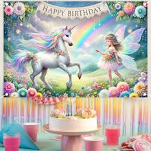2 pièces 1 Bannière de décoration pour fête d'anniversaire de princesse magique, toile de fond photo de licorne, décoration de la maison, fournitures de fête, décoration de bannière d'anniversaire, accessoires de photomaton, décorations de table de gâteau