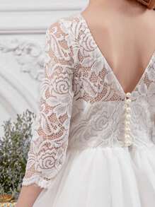 青少年女孩蕾丝边深 V 网眼派对礼服，优雅公主礼服，适合作为生日礼物、派对、婚礼伴娘、舞会、节日庆典 - 白色 - 查看 6