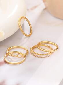 5Pcs/Set 18K Gold Plated Stackable Gold Rings For Women Set Dainty  Cubic Zirconia Thumb Rings Thin Eternity Engagement Rings - 5Pcs/Set B - 查看 4