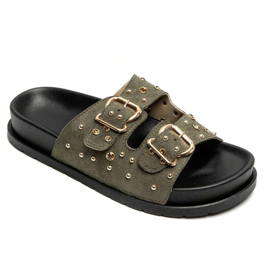 Summer Fashion Leopard Print Studded Flat Sandals - Green - View 1