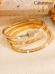 Camhanno 3 件创新而惊艳的不锈钢手链，闪亮的珠宝，优质手链套装时尚礼物，圣诞节情人节生日礼物 - 金色 - 查看 7