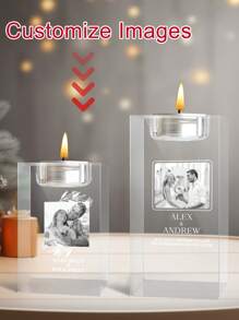 个性化 3D 照片水晶烛台定制雕刻水晶烛台，带有您自己的图像文字周年纪念圣诞节生日礼物送给爸爸妈妈他她（白色），爱在这里生活水晶茶灯烛台，个性化情侣礼物，订婚礼物，个性化柱状烛台