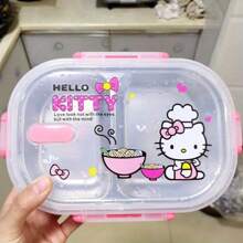 Sanrio 1 pezzo Scatola bento Hello Kitty Sanrio con cucchiaio - Simpatica scatola porta cibo rosa con 2 scomparti, portatile, adatta per campeggio, ufficio e viaggio, lavaggio a mano, design quadrato, tema cartone animato, adatta per varie festività. Può essere usata a casa per il ritorno a scuola, scatola per la frutta, scatola del pranzo, scatola bento. Regalo perfetto