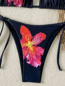 Women's Floral Printed 2pcs Bikini Set, Triangle Top With Tie And Side Tie Triangle Bottoms, Summer Swimwear - Black - View 4