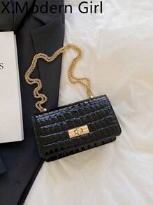 Faux Leather Solid Crocodile Embossed Fashion Mini Chain Strap Shoulder Bag