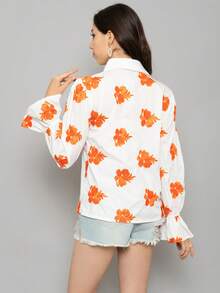 Camisa casual para mujer bordada con flores y manga acampanada de moda - Naranja - Ver 8
