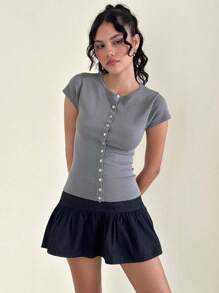 Women's Button Down Tops Slim Fit Stylish Solid Crew Neck Short Sleeve T-Shirt For Summer - Grey - View 2