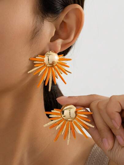 1 对迷人阿拉伯风格金属闪亮夸张几何光芒设计耳钉女士耳环（无礼品盒）