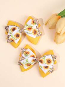 2pcs Sunflower Printed Hair Bows For Girls Champagne Glitter Bow Alligator Clips Spring Vitality Hair Clips Adorable Girls Pigtail Bows Barrettes Kids Hair Accessories - Multicolor - View 8