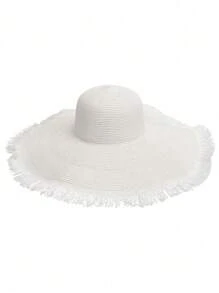 1pc Women's Outdoor Large Brim Beach Sun Hat, Woven Fluffy Trim Straw Hat, Bohemian Style Beach Hat, Summer - Straw Hat - View 5