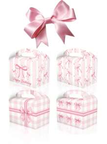 2pcs/1set Pink Bow Theme Party Gift Candy White Card Paper Handbag Gift Paper Box Cow Horn Box Rectangular Gift Gift Box Exquisite Girl Cake Dessert Afternoon Tea Packaging,Style Is Random