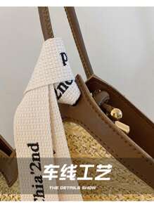 Customizable Name Embroidery Personalized Versatile Commuting Tote Bag, Large Capacity Woven Shoulder Handbag, Convenient & Fashionable - Multicolor - View 6