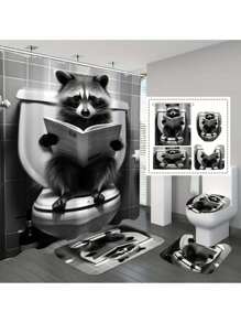 1/4pcs Raccoon Bathroom Shower Curtain Set, Bathroom Shower Curtain Set, Waterproof Fabric, Shower Curtain With 12 Hooks Back To School