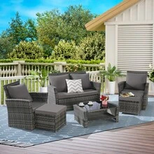 6 Piece Wicker Patio Furniture Sets With Ottoman And Tempered Glass Coffee Table