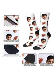 1 Pair Customized 3D Numeric Hot Transfer 360° Print Personalized Face Design Crew Socks, Unisex, Comfortable, Breathable, Fashion, Suitable As Gifts For Friends, Family, Couples, Holidays, Vacations - Football Design