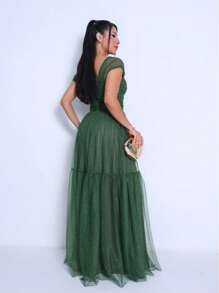 Shiny Bridesmaid Dress With Slit At The Waist - Olive Green - View 5