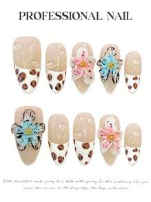 10 piezas de uñas postizas de almendra largas de cobertura completa, con diseños florales y de estampado de leopardo en colores rosas, con textura de flores embotadas, hechas a mano, con pegamento de gelatina y lima de uñas incluidos, suministros de arte de uñas DIY para festivales de música, fiestas del Día de la Madre, bodas y fiestas.