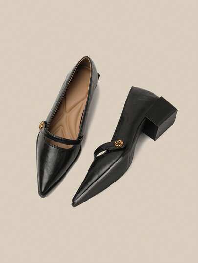 Fall/Winter New Spring Camellia Strap Buckle, Black Thick Heel Pointed Toe Mary Jane Shoes Suitable For Commuting, Parties, Weddings And Everyday Work - Versatile Fashion, Low-Cut, Easy-To-Wear Mary Jane Pumps Work Shoes, Slip-On High Heels, Elegant