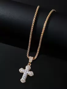 1pc New Titanium Steel Cross Necklace, Micro-Inlaid Zirconia Pendant Jewelry, Titanium Steel Versatile Sweater Chain Necklace