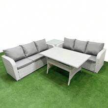 Fimous Outdoor Garden Furniture Sets 6 Seater Wicker Rattan Furniture Sofa Sets With Rectangular Dining Table High Back Lounge Sofa Side Table Light Grey - Light Grey - View 1