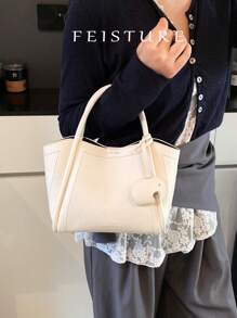 1pc FEISTURE Faux Leather Plain Bucket Bag, Lychee Grain MotherAnd- Tote Bag With Adjustable Shoulder Strap And Magnetic Closure, Suitable For , Ladies, College Students, Young Professionals, Ideal For Work, Business, Commuting, School