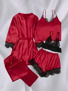 5-Piece Satin Pajama Set For Women - Elegant All-Season Sleepwear, Including Long-Sleeved Tunic Robe, V-Neck Camisole Dress, Camisole Top, Red Stretch Shorts And Pants, Soft, Skin-Friendly Sleepwear And Loungewear For All Seasons - 酒紅色 - 查看 2