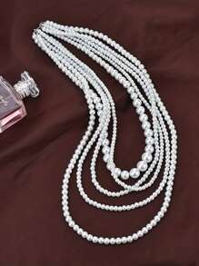 1pc Elegant Multi-Layer Necklace, Versatile Long Sweater Chain - Imitation Pearl Multi-layer Necklace - View 2
