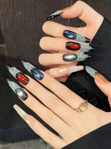 10Pcs Cat Eyes Long False Nails With Flash Glitter Long Lasting Material Waterproof False Nails For Professional Nail Art Salon Supply Press On Nails Nail Supplies Nails