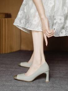Chunky Heel Colorblock Square Toe Dress Pumps, Fashionable Character Ladies' Office Shoes