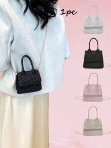 1pc Fashionable And Stylish Handbag, Simple Crossbody Bag, Casual Small Square Bag, Shoulder Crossbody Bag, Sweet Princess Style Solid Color Handbag Small Square Bag, Fashionable Chain Shoulder Strap, Suitable For Girls To Attend Parties, Daily Use, Sequins Casual Simple Personalized Fashion And Stylish Texture Crossbody Shoulder Handbag Small Square Bag