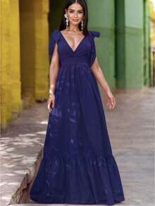 Elegant Long Dress With Deep Neckline And Bow Detail On The Shoulders For WomenCasualSweetElegantSexyBohemianVintageSimplePartyFabricBacklessBowKnotBeachEveningWeddingSportyOfficeBaby ShowerGardenFormal And EveningPhotoshootSpring - Summer - Fall - Winter