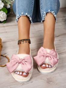 Women's Elegant Velvet Pink Bowknot Flat Plush Open Toe Slippers For Valentine's Day, Party And Home. Pink Shoes, Black Shoes, Pink Shoes, High-End TPR Non-Slip Durable Sole Slippers. A Bit Pricey But Worth Treating Yourself, For 520 "I Love You" Valentine's Day Slippers - Pink - View 5